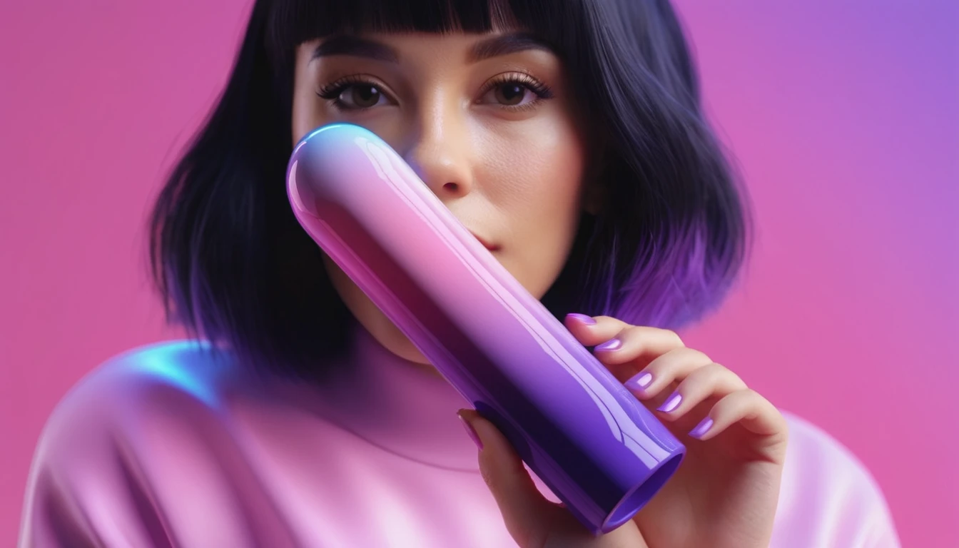 smartphone in her hand, blackhair female hands holding dildo to her face, that is glowing with pink and purple colours, dripping wet, closeup macro photo, minimalistic, in a light purple and pink style, with soft edges and blurred details, in the toycore style, with a 3D render, on a colorful background, with a minimalist stage design, in a surreal style, with a cinema4D rendering, with a minimalist style, with low saturation, using gradient colors, with a cinema4D rendering, with a blender rendering, with super detail, at a super high resolution, at a super high definition
