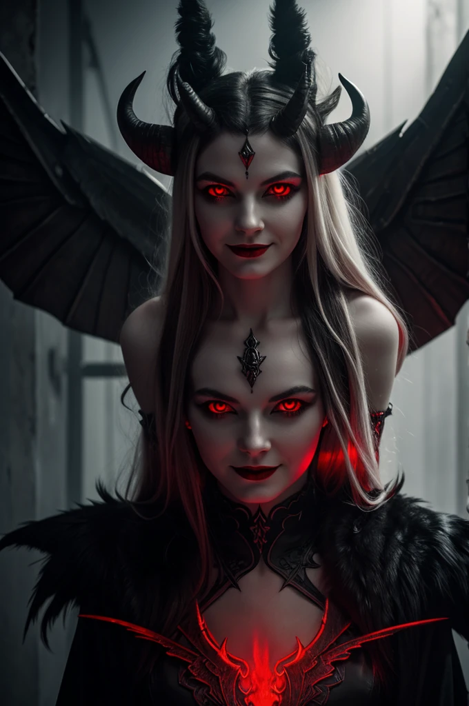 Pale woman with horns, red glowing eyes, black wings giving a sinister smile