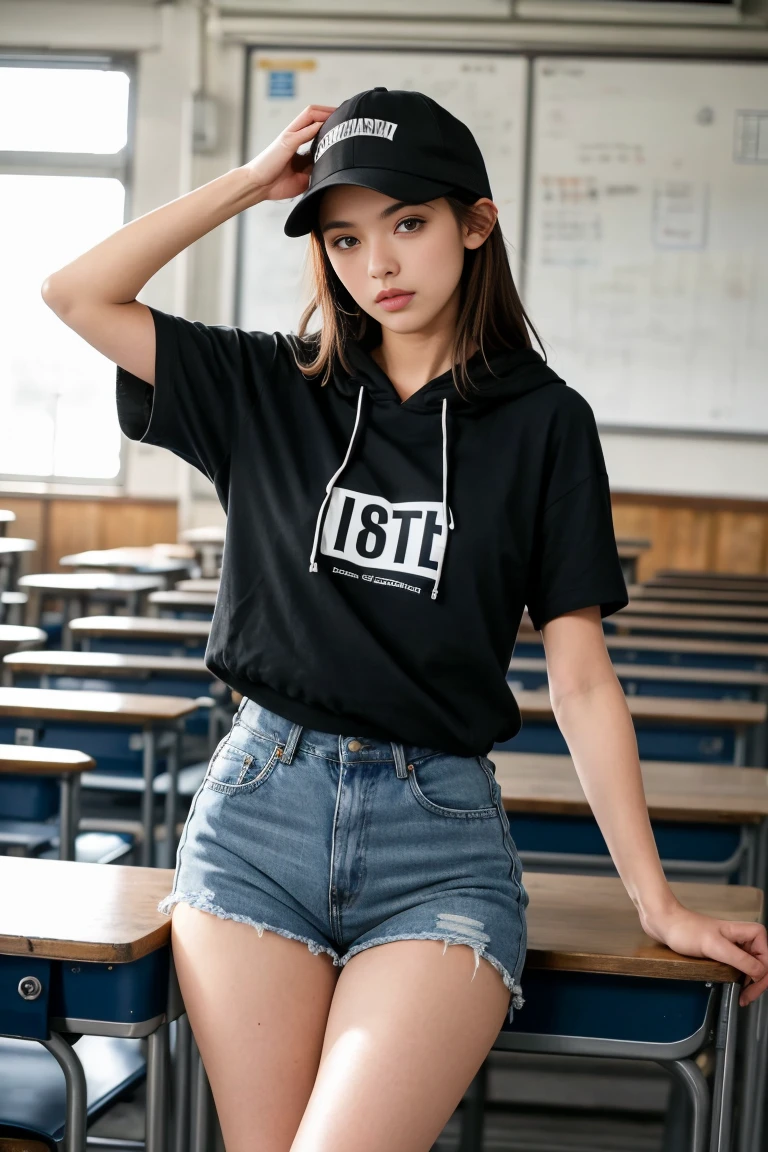 (best quality,realistic,ultra-detailed),a sexy and slim 18-year-old French brunette woman in black short sleeve hoodie, visible leg,classroom,short en jean,casquette,hands up