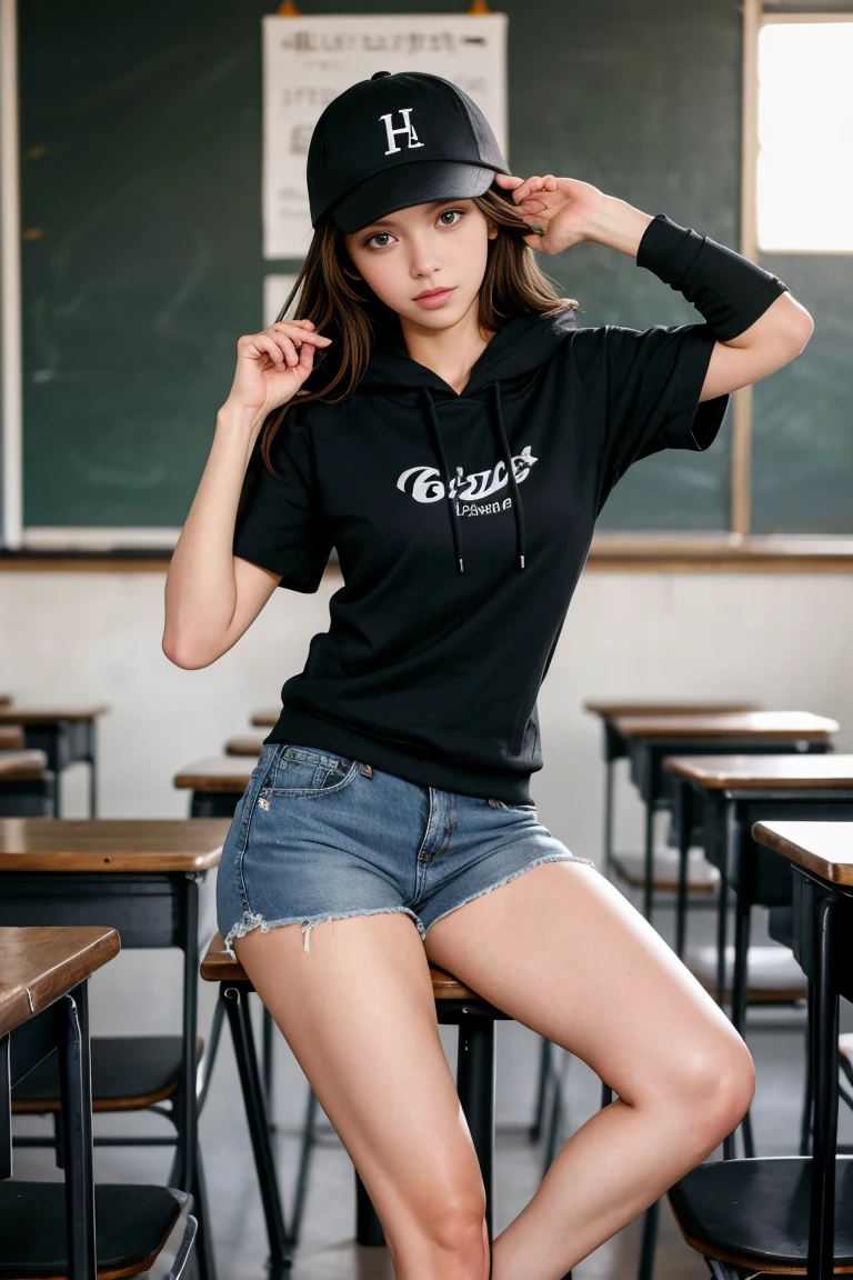 (best quality,realistic,ultra-detailed),a sexy and slim 18-year-old French brunette woman in black short sleeve hoodie, visible leg,classroom,short en jean,casquette,hands up