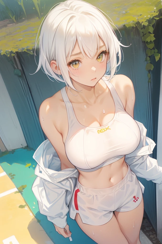 Big Breastsを揺らしてAthletics場を走っている、(Outdoor、Athletics場)、(white sports bra white、White Racing Wear White、Big Breasts、Nipples)、独奏、Female college student、(Big Breasts、Nipples)、(Black Hair、Very Short Hair、Boyish cut)、nsfw、(white sports bra white、White Racing Shorts White、White Micro Mini Shorts)、With legs wide open、Her legs are spread wide:1.5、((Sweat:1.4、Lots of yellow pee))、(Big Breasts、Big Tits)、high school girl、Athletics、Athletics場