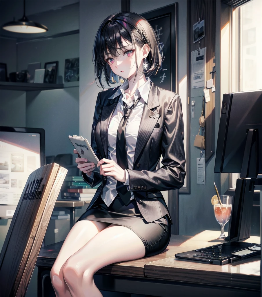 RAW photo, extremely delicate and beautiful, masterpiece, Best Quality, ultra high resolution, 16k, photorealistic, ultra detailed description, pale skin, in her 20s, whole body, medium tits, medium hair, black hair, tearful mole, earring, business suit, blazer, pencil skirt, collarbone, shirt, tie,