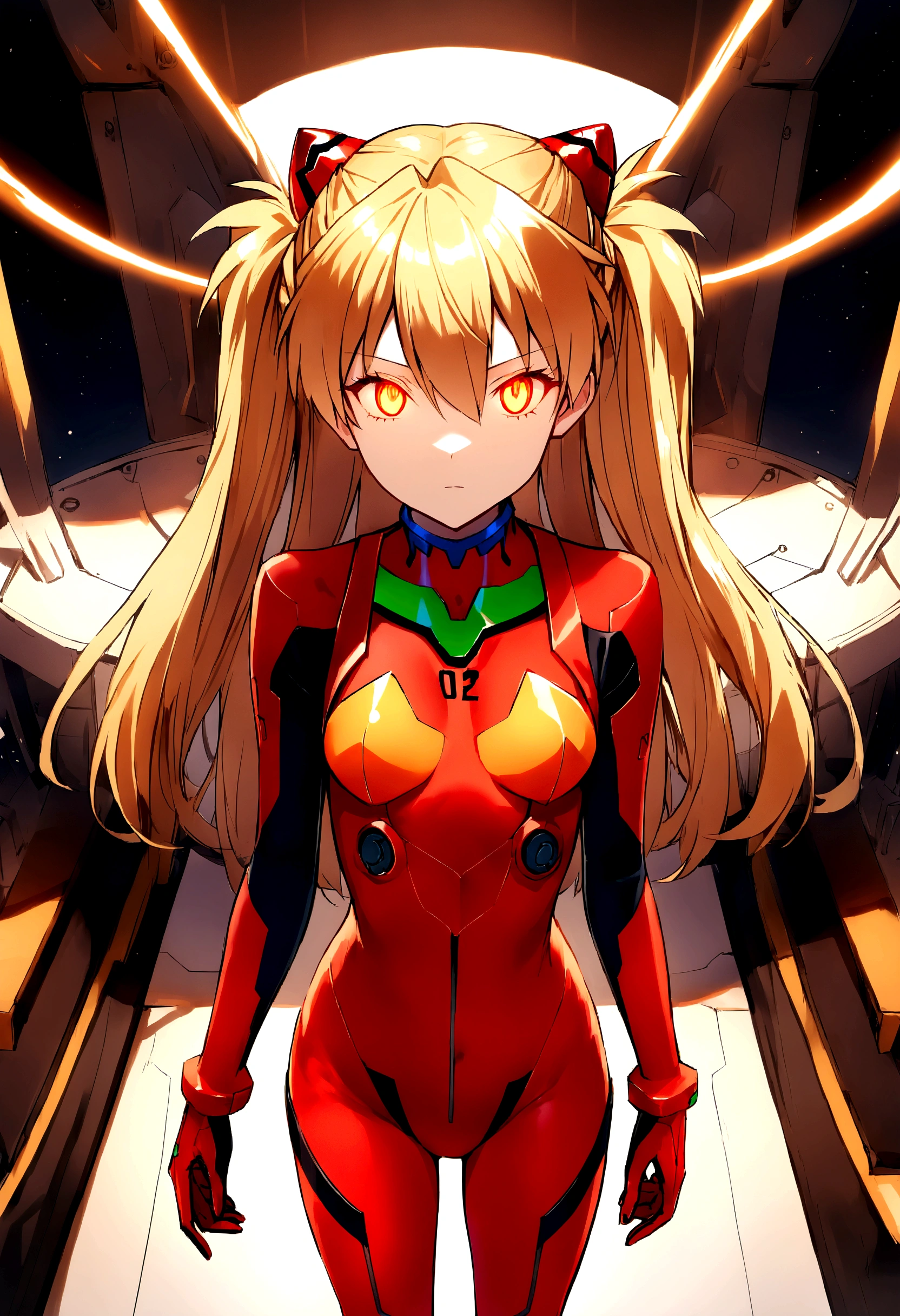 (Overhead view),dynamic angle,ultra-detailed, illustration, close-up, straight on, 1girl, 
 ((souryuu asuka langley, interface headset, red bodysuit:1.4, blonde)),Her eyes shone like dreamy stars,(glowing eyes:1.233),(beautiful and detailed eyes:1.1),(expressionless,closed mouth),(standing), 
(mechanic room with toolsand spaceship windowin a white SPACESHIP),
(night:1.2),dreamy, [[delicate fingers and hands:0.55]::0.85],(detail fingers),