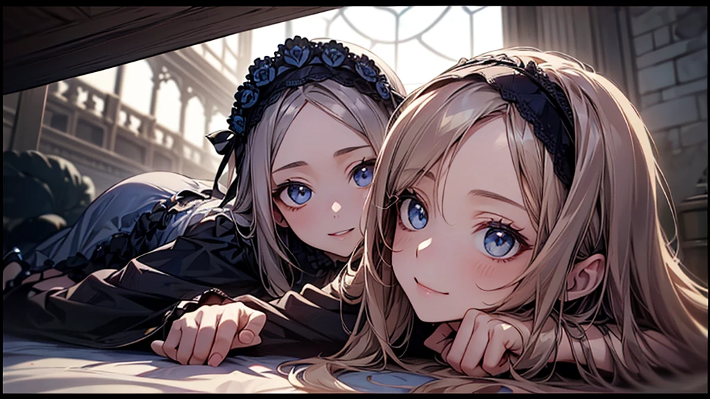 ((Biologically correct limb count))、((whole body including face))、4K、Masterpiece、((Focus on the face))、((Symmetrical, well-proportioned facial features))、Eyes with delicate depictions、(((1 person)))、Beautiful woman、Outstanding style、Slender Body、((Headband、Gothic Lolita、Blue dress、(High heels)))、(smile）、(Close-up photo of the upper body）、High angle、Look Up、Photo with white border、lie down、Prone