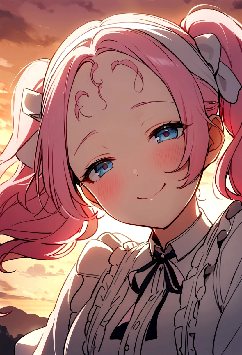 masterpiece, Highest quality, Movie Steel, One girl, Cloud Girl, Floating in the sky, close, Luminance, happiness, Warm and soft lighting, sunset, Sleep, うつ伏せでsleep, sleep, close your eyes, Fatigue. (spark:0.7), (pink hair, twin tails twin drill, show your forehead, blue eyes, White frilled white headband, slanted eyes, smile, long sideburns, curled bangs, neck ribbon, Forehead, amount),