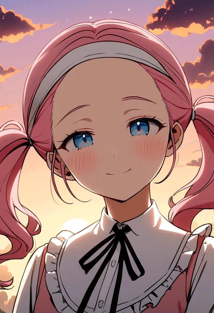 masterpiece, Highest quality, Movie Steel, One girl, Cloud Girl, Floating in the sky, close, Luminance, happiness, Warm and soft lighting, sunset, Sleep, うつ伏せでsleep, sleep, close your eyes, Fatigue. (spark:0.7), (pink hair, twin tails twin drill, show your forehead, blue eyes, White frilled white headband, slanted eyes, smile, long sideburns, curled bangs, neck ribbon, Forehead, amount),