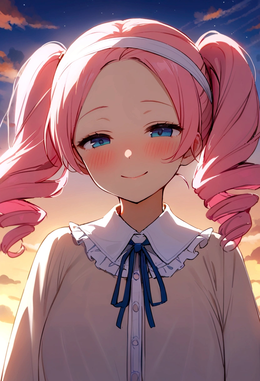 masterpiece, Highest quality, Movie Steel, One girl, Cloud Girl, Floating in the sky, close, Luminance, happiness, Warm and soft lighting, sunset, Sleep, うつ伏せでsleep, sleep, close your eyes, Fatigue. (spark:0.7), (pink hair, twin tails twin drill, show your forehead, blue eyes, White frilled white headband, slanted eyes, smile, long sideburns, curled bangs, neck ribbon, Forehead, amount),