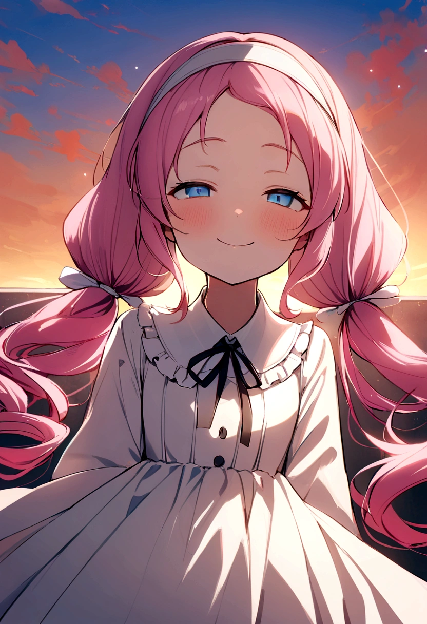 masterpiece, Highest quality, Movie Steel, One girl, Cloud Girl, Floating in the sky, close, Luminance, happiness, Warm and soft lighting, sunset, Sleep, うつ伏せでsleep, sleep, close your eyes, Fatigue. (spark:0.7), (pink hair, twin tails twin drill, show your forehead, blue eyes, White frilled white headband, slanted eyes, smile, long sideburns, curled bangs, neck ribbon, Forehead, amount),