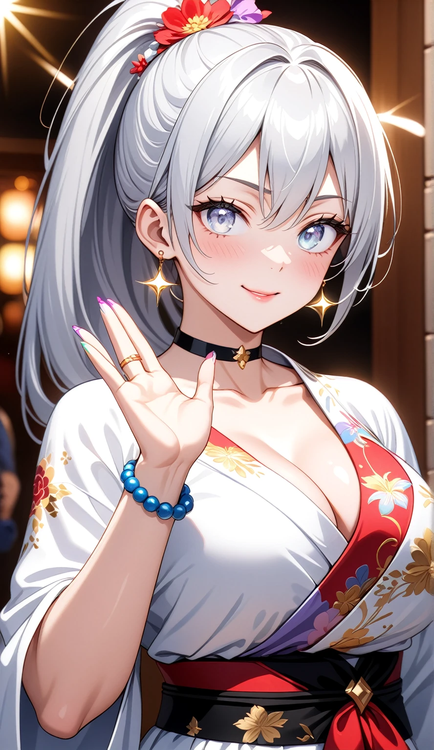 ((One personの女性)), Beautiful Face, ((waving at viewer:2.1)),Laughing embarrassedly,((Wink:2.0)),Laugh with your mouth wide open((Bright red cheeks:1.4)),Shiny red lips,night,rooftop,Festive decorations,You can see the ocean, firework,Laughing with your mouth open,Glossy pink lips,Lighting on the face,((Anime style background)),masterpiece, Highest quality, so beautiful,Latest, Complex details, (Pink long nails),(ring),(bracelet),(choker),AI-generated, Complex,High resolution, Highest quality, super high quality,3D Images、3D Images,One person,Long white hair,High Ponytail,(blue eyes),Anime woman posing for a photo, ((Fine grain、Silvery white colorful eyes、Shining Eyes:1.4)),(Squint your eyes:1.1),a hyperRealistic , hyperRealistic , Realistic,Anime woman with long and white hair, Smooth anime CG art, A woman in a colorful kimono with gold embroidery, (Black long sleeve kimono),Red floral pattern,Long flower hair ornament,Big earrings,Mature Body,(Big Breasts:1.1),Tall,Abdominal muscles,Narrow waist,(Zoom in on face:1.6),Shooting from below at an angle