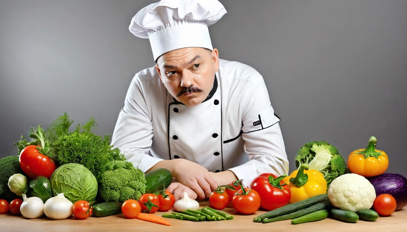 sad chef. various vegetables to wash and cut