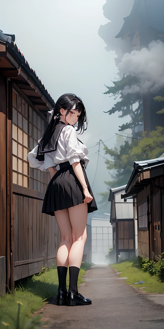 masterpiece, Highest quality, Ultra-high resolution, Highest Resolution, Very detailed, Professional Lighting, Gray Light Lighting、Low angle from below、Old house in Japan、Blowing steam into the landscape、Fog in the landscape、Foggy、Beautiful woman, Small face、White skin、very cute、17 years old、Bright smile、(Black Hair、Medium Hair、Fluttering Hair)、(Black Sailor Suit)、Long, slender legs、Beautiful hip line、Beautiful spine、My back is hunched、Tight waist、JK Black Skirt 、Tight pleated skirt、Pinch the skirt between your fingers、Her white pants are clearly visible、Hip line emphasis、Black socks、Brown eyes,Face is a little red, Beautiful breasts、Her chest is an A cup、Perfect hands、Shoes are loafers、Black knee-high socks