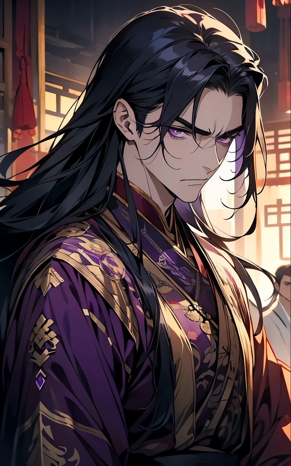 1 middle-aged man, (45 years old), long black hair, violet eyes, chinese clothes, (!PURPLE! clothes), available at purple chinese room, portrait, angry