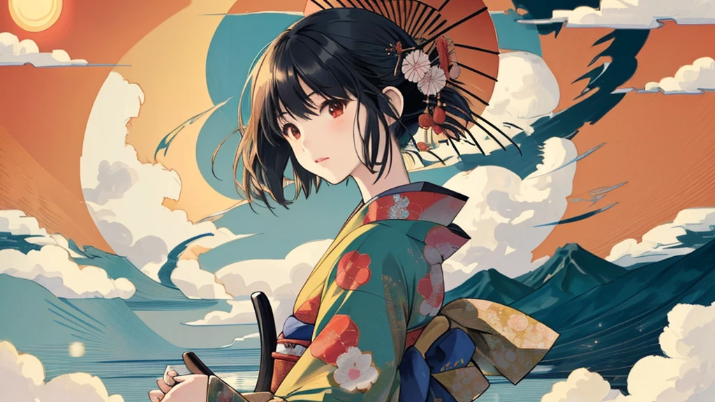 japanese girl with kimono, sun, cloud