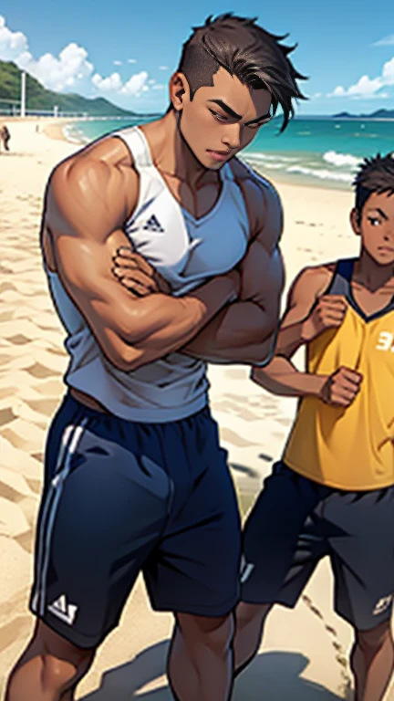 Two boys play volleyball,sandbeach