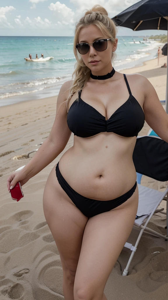 Blonde dyed hair, 165 cm tall, wearing a tulle swimsuit, hair tied up, wearing black sunglasses, plump, belly after cesarean section, fat belly, sagging belly, normal waist, 38-year-old milf woman taking a selfie on the beach, children playing in the background