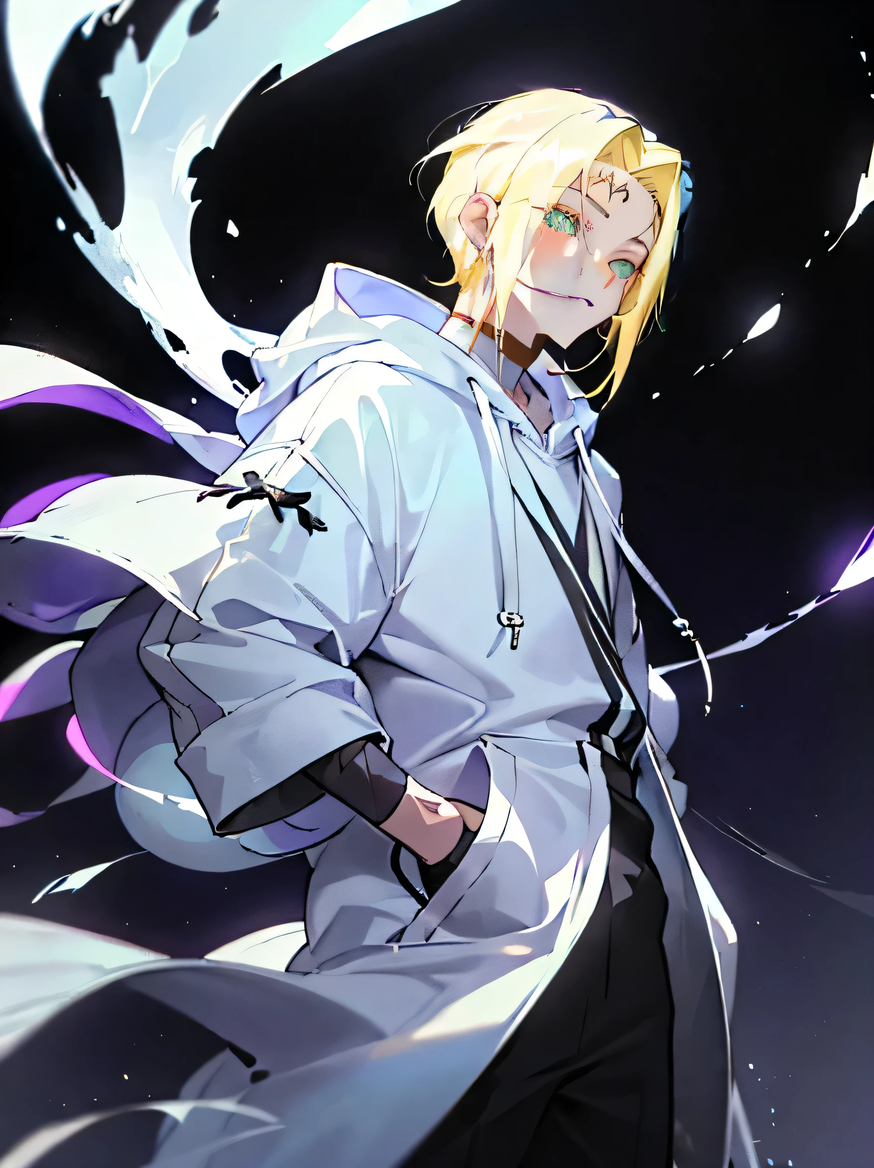 Boy with yellow hair, radiant eyes, purple and shiny, wearing a stylish fashionable hoodie
