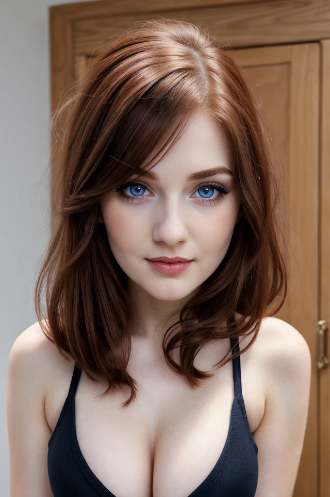 eyelashes,make-up,mascara,eyeshadow,eyebrows,blue eyes, small nose, lips, smile,face,beautifull face, perfect face,dark red hair,straight hair,1girl,20 years old,(face and bust portrait),pale skin,black tank top,spaghettie straps,big breasts,cleavage,blurry background,