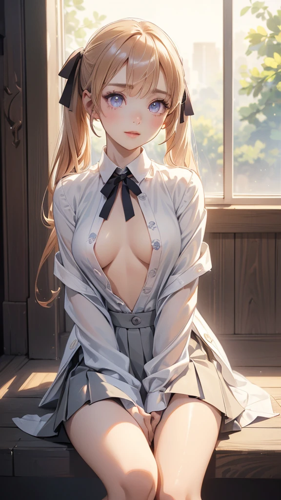 absurdres, (masterpiece, best quality), (ultra-detailed), extremely detailed,super high resolution, (Top Quality photorealistic Illustration), (Super Definition), (best quality,masterpiece:1.0),(cute illustration:1.3), (high Saturation:1.2), highres, ultra-detailed, 32k,8k resolution, intricate details, cinematic scene, detailed background, detailed background,(masutepiece:1.2), (Best Quality:1.2), hyper detailed illustration,beautiful artwork,(Extreme detail CG Unity), (8K Wallpaper)、(exquisite lighting and shadow)、(highly dramatic picture)、(cinematic lens effects),strong light coming in, BREAK 1 girl, (aaerika:1.8),cute girl, (round face:1.6), (:1.6), (kawaii:1.6), (cute:1.6), (loli face.6), (round eyes), (ultra-detailed brilliant big eyes), (large pupil), ((shiny skin)), ((pale skin)), (shy), (blush), smile, BREAK aaerika, long hair, twintails, hair ribbon, , neck ribbon, collared shirt, BREAK(open shirt:1.6), (show off nipples:1.6), (exposing bare breasts:1.3), (exposed chest:1.3), (no bra:1.3),medium breasts, (small nipples:1.2), (small areolas:1.2),white jacket, black skirt, pleated skirt,(floating skirt),(very extremely small panties),(pussy line), Hands between legs,(Sitting on the stairs),knees up,Big smile,Evil smil