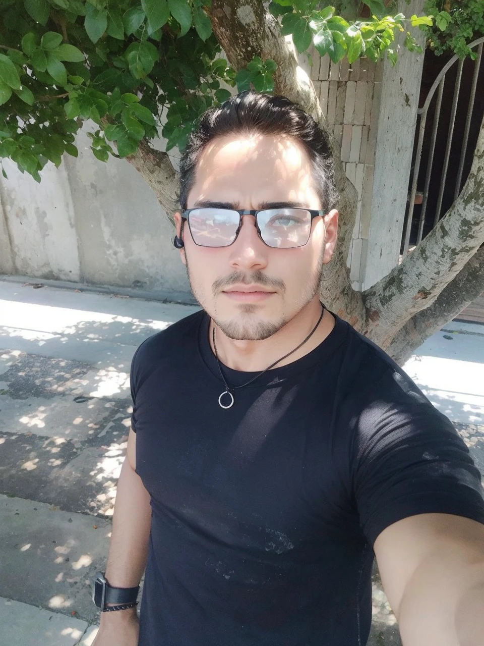 Straight, slanted dark hair, beard shadow enhance facial details 