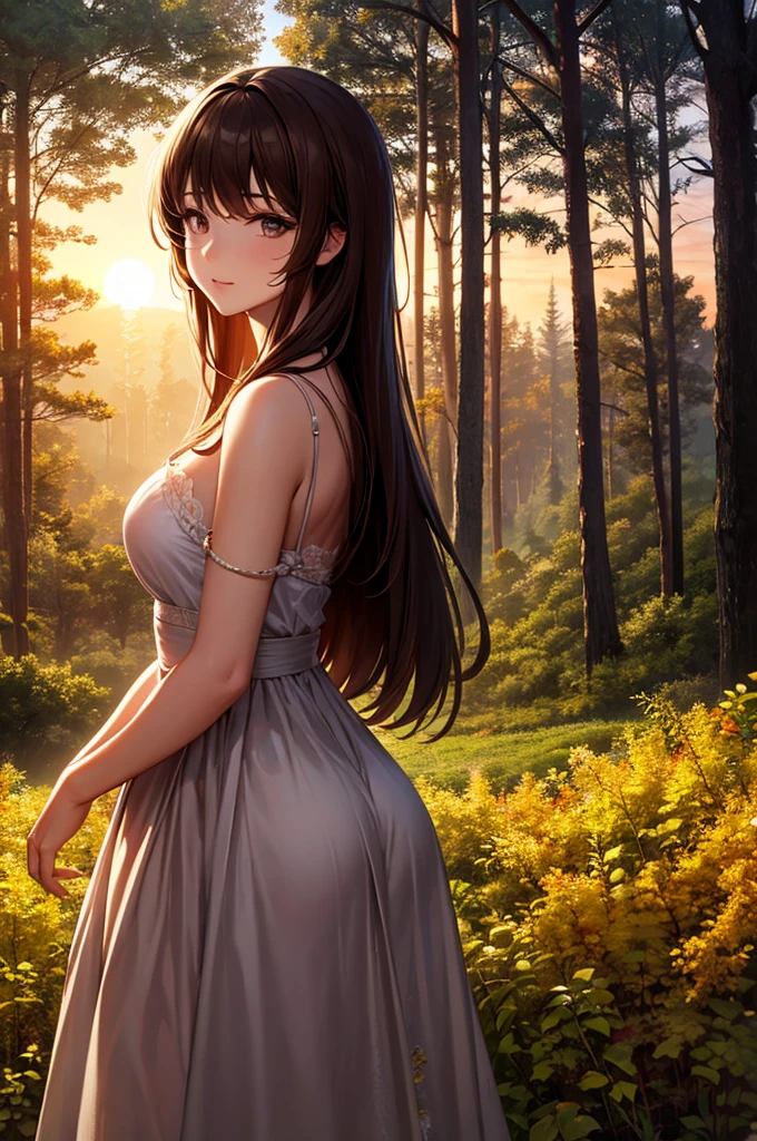 Beautiful and mysterious woman with brown hair, Watching the sunset in a beautiful forest