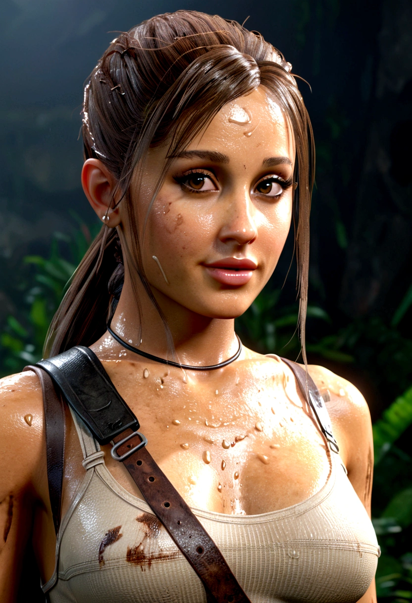 ((NSFW)) close-up of a woman, reminiscent of Lara Croft from Shadow of the Tomb Raider, sexy body revealed in wet clothes with ((no top, breasts subtly visible)), backpack at her side. Lara Croft's portrait in Unreal Engine 5, beautiful character design, small yet powerful figure, tomb raider setting. Unreal Engine 5 tech demo showcasing female lead character's hyper-realistic graphics, Ariana Grande's likeness as Lara Croft, cinematic visuals that bring the tomb raiding experience to life. Detailed and lifelike, this portrait encapsulates the essence of Lara Croft's strength and allure.