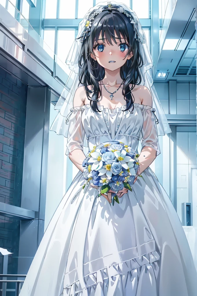 Okay, Saten Ruiko, Black Hair, blue eyes, Long Hair, hair ornaments, Floral decoration,Grin,smile,Veil,blush,Wedding dress,Off the shoulder,necklace,Wedding Skirts,Traveling with a large bouquet,Flower storm,
break indoor, Chapel,
break looking at viewer, Upper Body,whole body,(Cowboy Shot:1. 5) ,
break (masterpiece:1.2), Highest quality, High resolution, unity 8k wallpaper, (figure:0.8), (Beautiful attention to detail:1.6), Highly detailed face, Perfect lighting, Highly detailed CG, (Perfect hands, Perfect Anatomy),