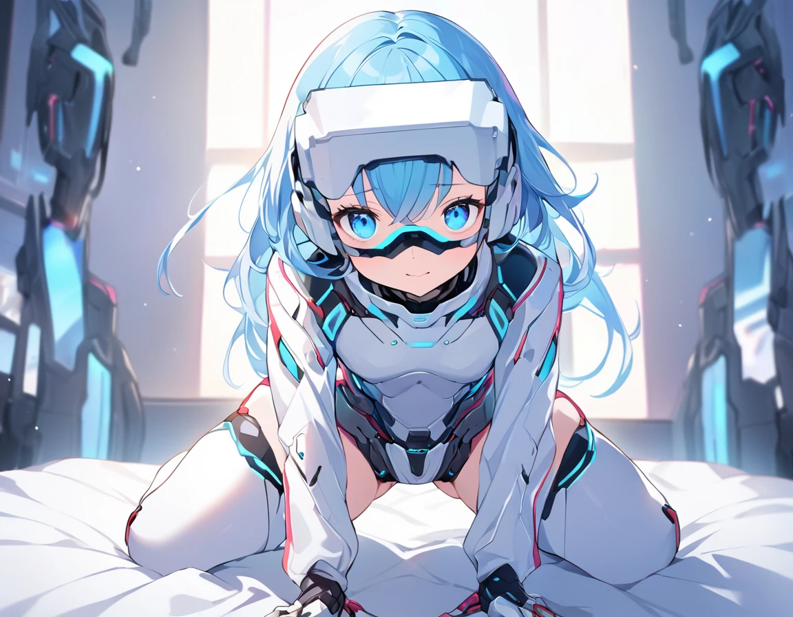 (Rear insertion position, ), Blue hair, blue eyes, short, Cute Hips, , ,(white inner suit、、Thigh-high stockings、Head-mounted display、), (On the bed),,nsfw、BREAK Perfect Anatomy、Highest quality、(cute:1.1)、(cute)、(High resolution:1.2)、Unbelievably absurd:1.3、Incredible illustrations、(cuteイラスト:1.2)、Beautiful background、(1 girl) 、solo)、(10th Generation、cyborg、)、slender、、