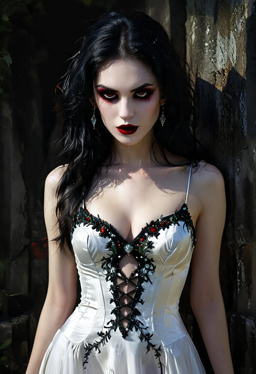 Arafed, dark fantasy art, goth art, a beautiful female vampire wearing a white evening dress stained with blood, an extremely beautiful female vampire, ultra detailed face, black hair, long hair, wavy hair, dark glamour make up, pale skin, red lips, glowing red eyes, visible vampiric fangs, she wears a ((white evening dress: 1.5)), elegant, intricate detailed dress, silk dress, small cleavage, ((dress is decorated with gems: 1.4)), she wears elegant knee high heeled boots, exquisite knee high heeled boots, there are stains of blood on the upper part of the dress, dark novel,