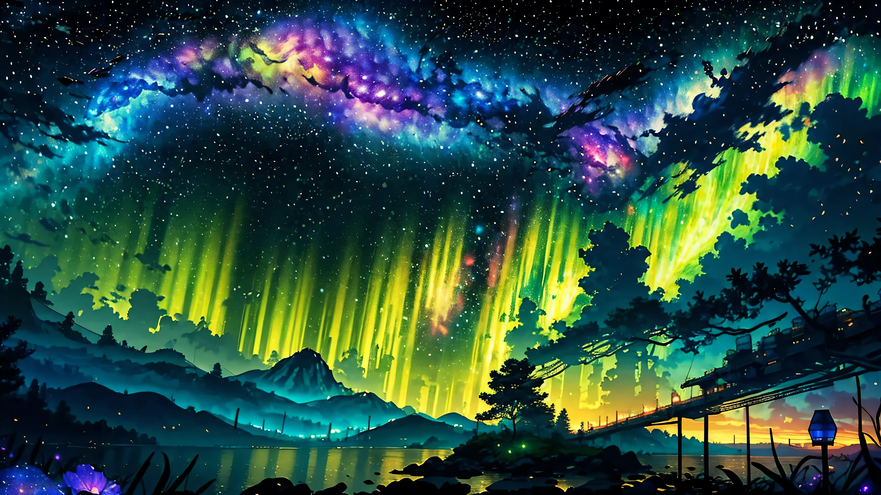 A painting of a colorful aurora bore over a lake and mountains - SeaArt AI