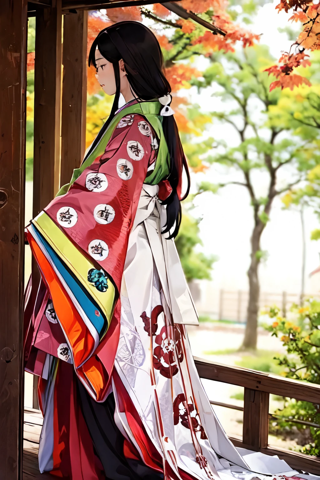 (masterpiece, best quality:1.2), 1girl, juni-hitoe, solo, hole body, (from front), very long straight black hair, binsogi-hair, holding open hiogi, wine red karaginu, pink karaginu-eri, dark-red hakama, court crest print, itutuginu, kasanenoirome,　gradation, munamoto itutugine, sodeguchi itutuginu, suso itutuginu, white mo-skirt, detail, 