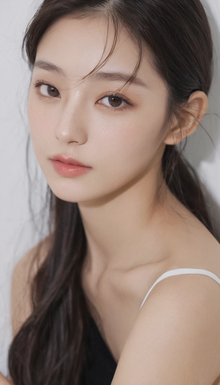 xxmixgirl, Analog Style, Eye focus, Highest quality, (Very detailed skin), Exquisitely beautiful white skin photos, 22 years old, Shortcuts、Perfect Face, Captivating eyes, (Seductive makeup: 1.3), Skin pores, (Bokeh:1.5), Sharp focus, Dappled Lighting, (Backlight), Film Grain, (Very detailed, Exquisitely crafted), 8K, High resolution, Front view, Studio Light, Very detailed顔, Fine grain, (double eyelid: 1.4), Aristogle, Brown eyes, (commercial: 1.6), (Seductive makeup), ((White studio background: 2))