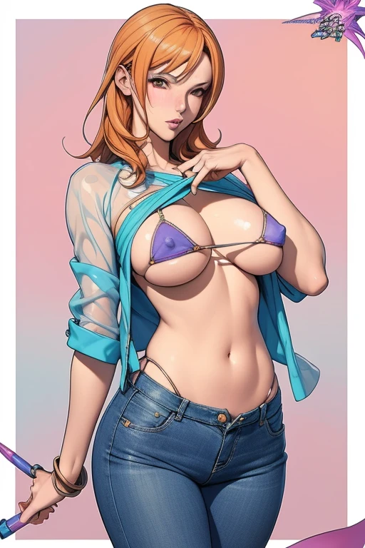 (masterpiece, best quality),nsfw,Cartoon photo of a woman in a see-through bikini top and jeans, Anime drawings inspired by Masamune Shirow, Big Breasts,Pointed nipples,Pixiv, Self-sastructing art, Enchanting anime girl, Nami One Piece, biomechanical tits, Nami from One Piece, Pixiv 3dcg, tits, I also make fan art, top rated on Pixiv