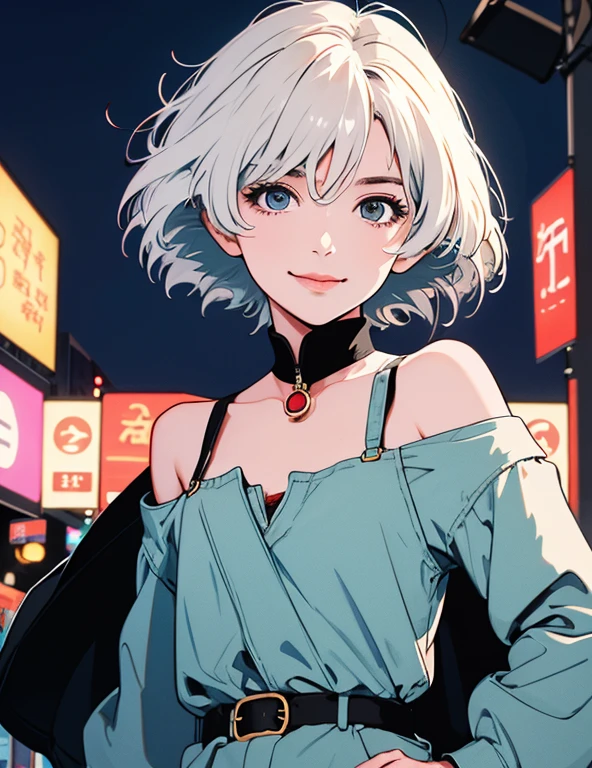 all the body、Upper body、1 beautiful woman、4K、Bare shoulder、Pedestrian crossing、Signal 、interference、Complex background、Short white hair、Detailed poem、He smiles、Shift pose