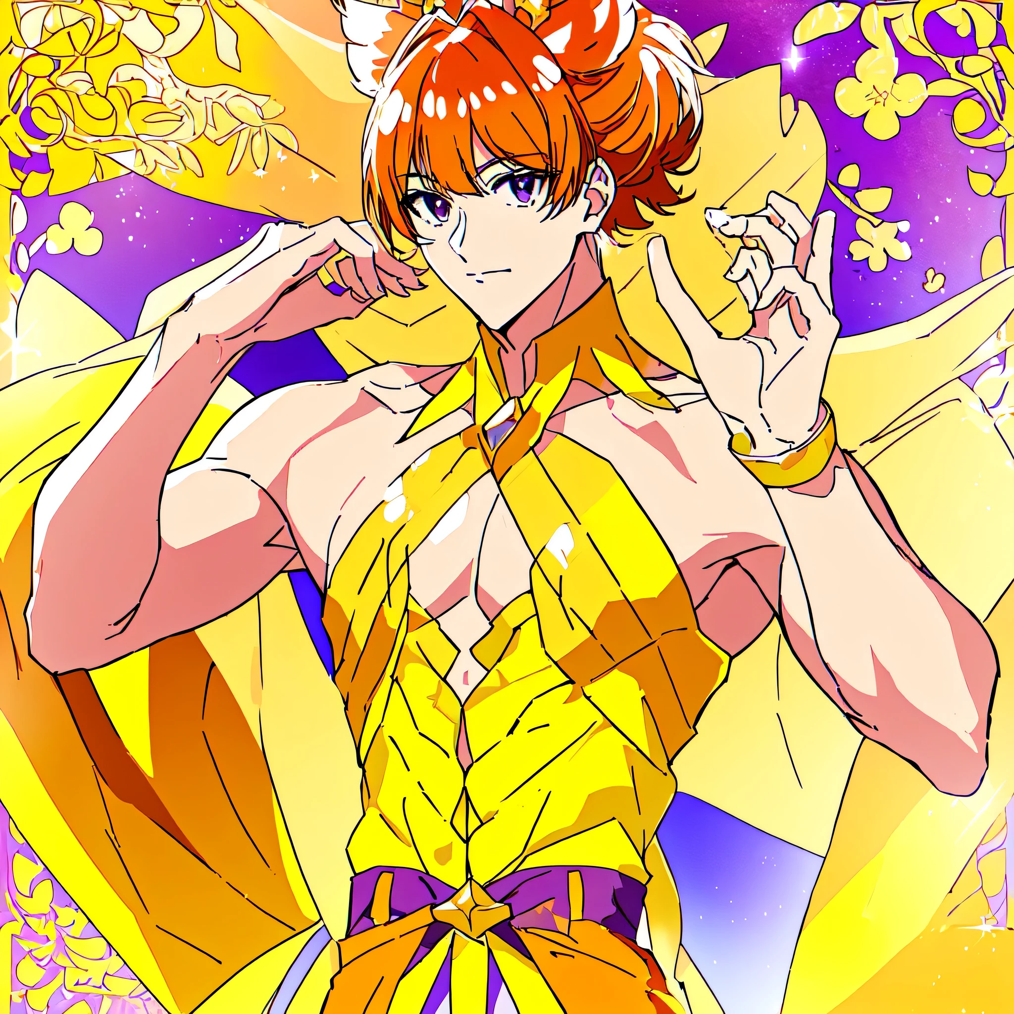 masterpiece、Highest quality、Cartoon male character in dress closeup、solo、Orange-brown hair、Half-pigtail hair with bangs、Purple Eyes、Long two-side updo with back hair、High quality artwork、Sparkling Magical Boy、Official Art、Cool Boy、Anime Prince、Official Artワーク、Dress Up Darling Anime、Orange and yellow costume、muscular man、Official Anime Artwork、1024x1024、Glowing Skin、Bare shoulders、JewelryBrooch、Bare Arms、Bare neck circumference、Bare chest、Strong pectoral muscles、Purple mini skirt with yellow frills、Shoulder Strapless Dresagic Boy、Pale orange thigh-high boots、fan art、beautiful、looking at viewer、Cowboy Shot、(male body:1.3)、