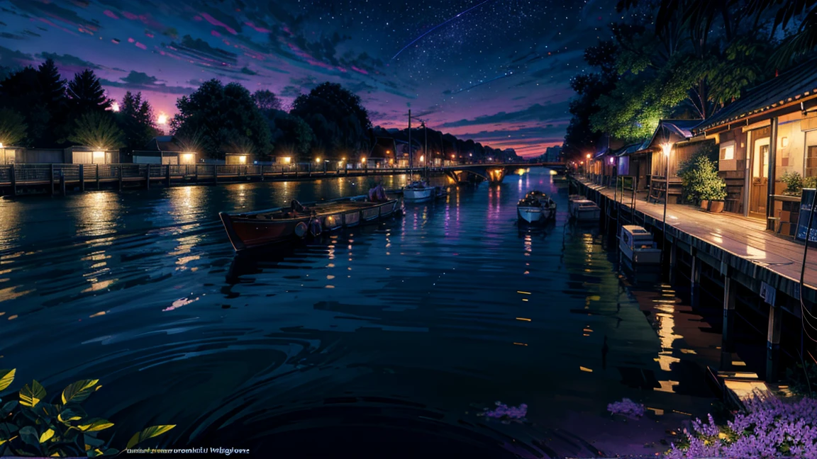 Neon Paintings ((purple ,green )) moonlight,Dock area, Bougainville décor , , moonlight, river, moonlight reflection,Beautiful Art UHD 4K, Beautiful artwork illustration, Beautiful digital painting, Highly detailed digital painting, Beautiful digital art, Detailed painting 4k, Highly detailed digital painting, Rich, picturesque colors, Gorgeous digital painting