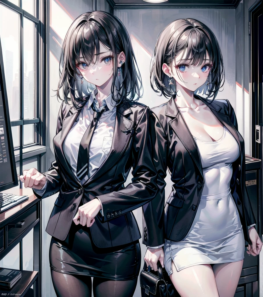 RAW photo, extremely delicate and beautiful, masterpiece, Best Quality, ultra high resolution, 16k, photorealistic, ultra detailed description, pale skin, in her 20s, whole body, medium tits, medium hair, black hair, tearful mole, earring, business suit, blazer, pencil skirt, collarbone, shirt, tie,
