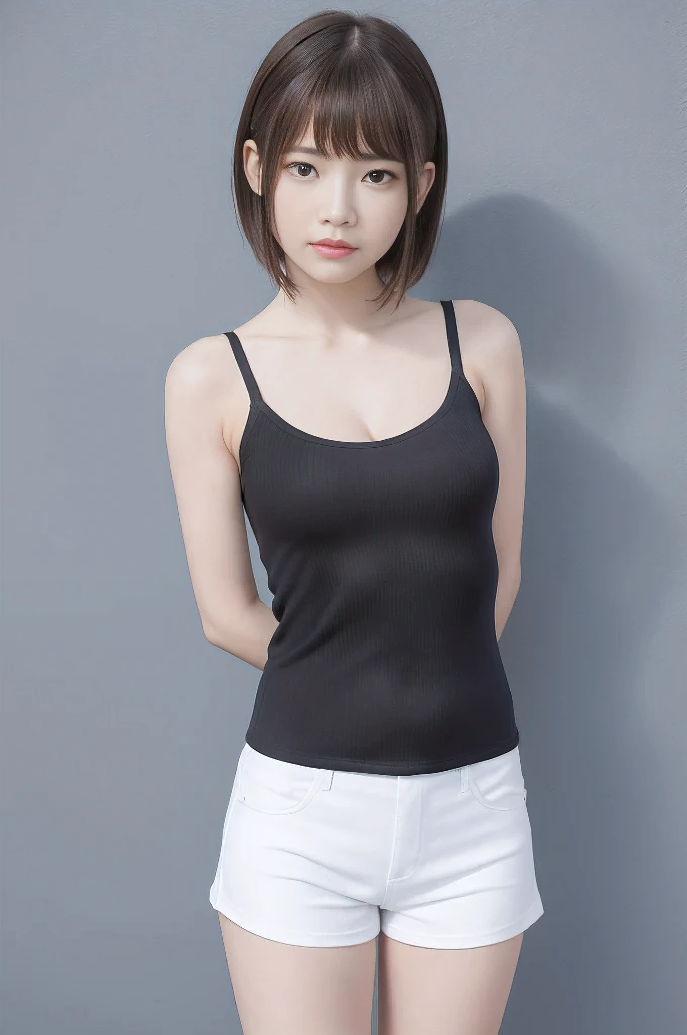 Picture taken from the front, with the left and right sides equally spaced, draw symmetrically, simple background, equally spaced left and right, stand upright, cowboy shot, (arms behind back:1.5), One girl, very short hair, (camisole, shorts)