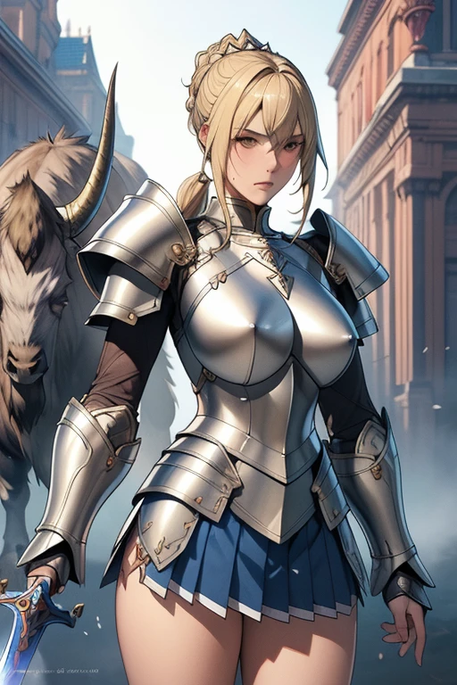 (masterpiece, best quality),nsfw,Broken Armor,Woman in armor holding a sword in front of a bison, Armor Girl, Ultra-mini pleated skirt,Age 25,Mature Woman, fantasy, Epic light novel art cover, Blonde woman, Granblue Fantasy, female knight, RPG Art, Artoria Pendragon, Anime fantasy artwork, Different world,