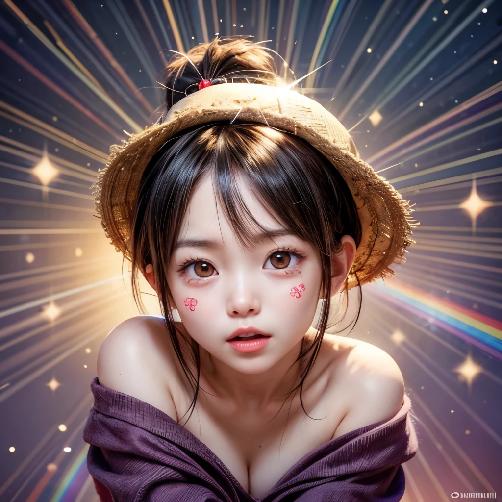 NSFW, 8k, High-level, absurd, masterpiece, best quality, primitive, very detailed CG, very detailed wallpaper, perfect lighting, Extremely detailed (((The personifying " Monkey D Luffy " as a Little Girl))), MysticSight, Tyndall effect, Tyndall scattering, Studio gray background with (many Dazzling RainbowColor particles BokeH:1.28), (RoundlyButts, ThighGap), (Exposed:0.4), (Assfocus with looking ahead), BREAK (NOGIZAKA face variations) Extremely Detailed very KAWAII face variations, perfect anatomy, Childish, captivating gaze, elaborate detailed Eyes with (sparkling highlights:1.28), long eyelashes、Glossy RED Lips with beautiful details, Coquettish tongue, Rosy cheeks, Radiant PearlSkin with clear transparency . { (Dynamic LifeLike expressions:1.4) | :d) }, (large eyes:-1) .