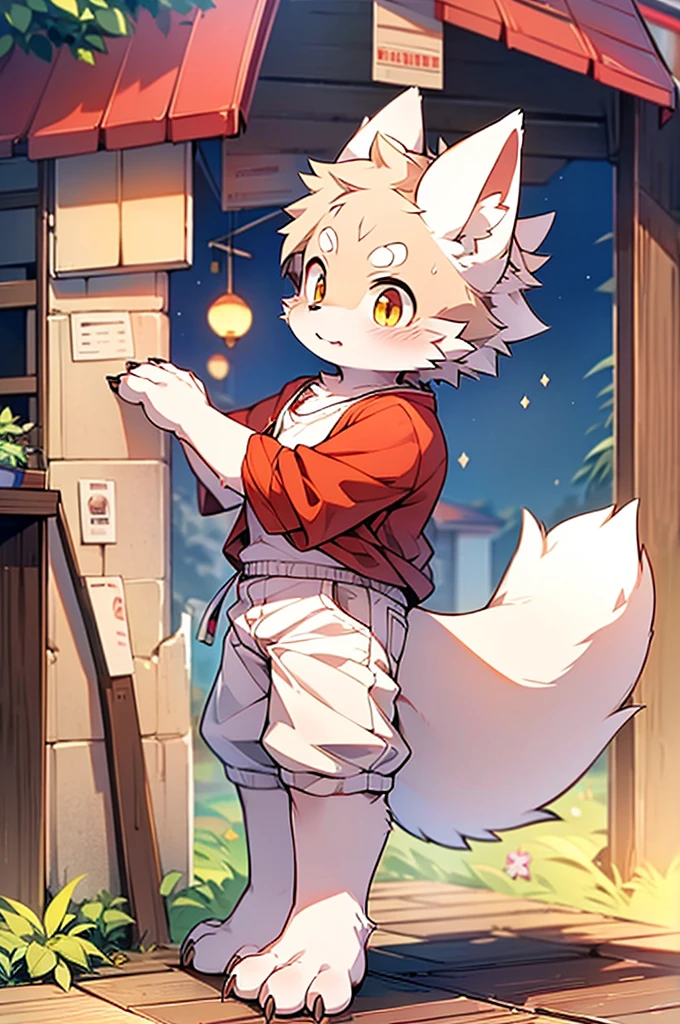 shaggy,grey fur,male people,canid,arctic fox,solo person,sharp talons,Detailed fur,Golden eyes,Thick eyebrows,Fluffy tail,red short sleeves,short white pants,ultra - detailed:1.0,Libido boy,ddlers,(Via Dagasi:1.1),anatomy correct,Red Claw,Bare claws,Barefoot paws,Barefoot paws,standing on your feet,attention