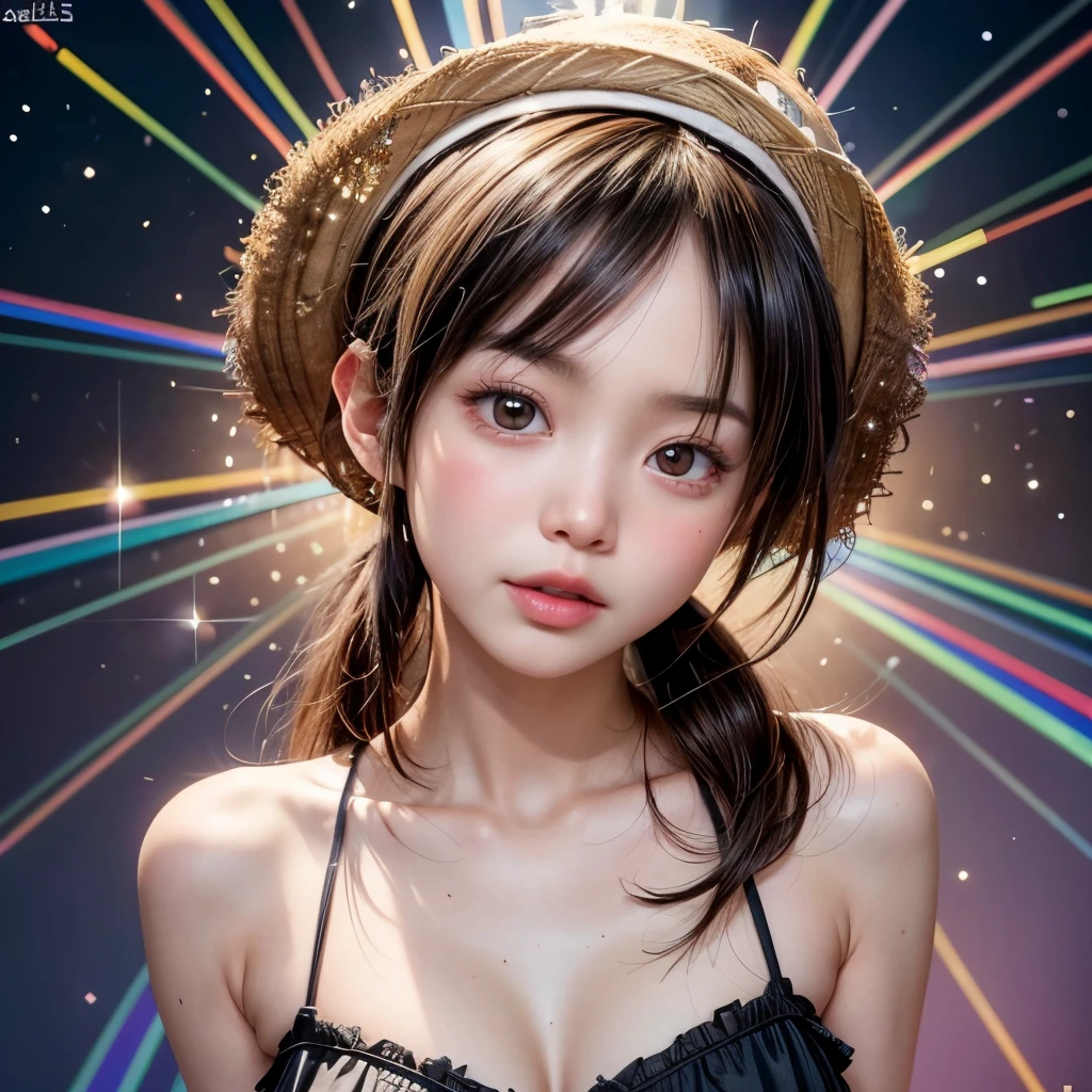 NSFW, 8k, High-level, absurd, masterpiece, best quality, primitive, very detailed CG, very detailed wallpaper, perfect lighting, Extremely detailed (((The personifying " Monkey D Luffy " as a ))), MysticSight, Tyndall effect, Tyndall scattering, Studio gray background with (many Dazzling RainbowColor particles BokeH:1.28), (RoundlyButts, ThighGap), (Exposed:0.4), (Assfocus with looking ahead), BREAK (NOGIZAKA face variations) Extremely Detailed very KAWAII face variations, perfect anatomy, Childish, captivating gaze, elaborate detailed Eyes with (sparkling highlights:1.28), long eyelashes、Glossy RED Lips with beautiful details, Coquettish tongue, Rosy cheeks, Radiant PearlSkin with clear transparency . { (Dynamic LifeLike expressions:1.4) | :d) }, (large eyes:-1) .