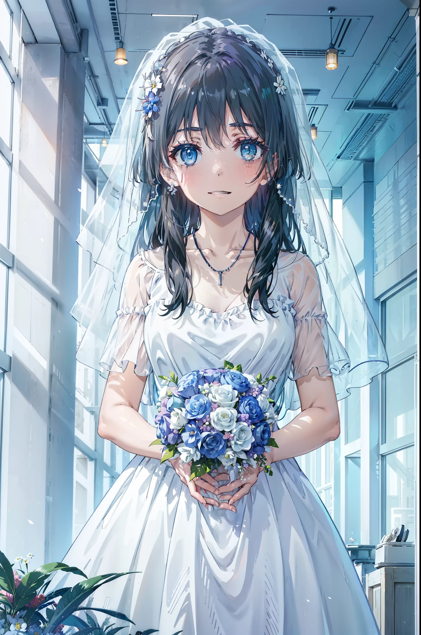 Okay, Saten Ruiko, Black Hair, blue eyes, Long Hair, hair ornaments, Floral decoration,Grin,smile,Veil,blush,Wedding dress,Off the shoulder,necklace,Wedding Skirts,Traveling with a large bouquet,Flower storm,
break indoor, Chapel,
break looking at viewer, Upper Body,whole body,(Cowboy Shot:1. 5) ,
break (masterpiece:1.2), Highest quality, High resolution, unity 8k wallpaper, (figure:0.8), (Beautiful attention to detail:1.6), Highly detailed face, Perfect lighting, Highly detailed CG, (Perfect hands, Perfect Anatomy),