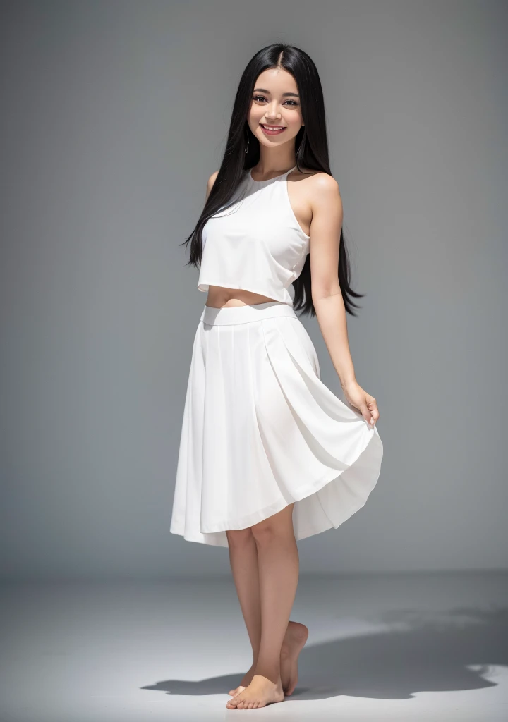 create a 28 year old Brazilian woman, long black hair, barefoot, white backdrop, wearing a white skirt, full body, smiling,
