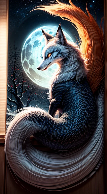 nine tailed fox, Beautiful fox monster, Nine Tails, Traditional Japanese clothing, Night Forest, Shining in the moonlight, Mysterious and elegant pose, Flowing white fur, Eyes that emit blue light