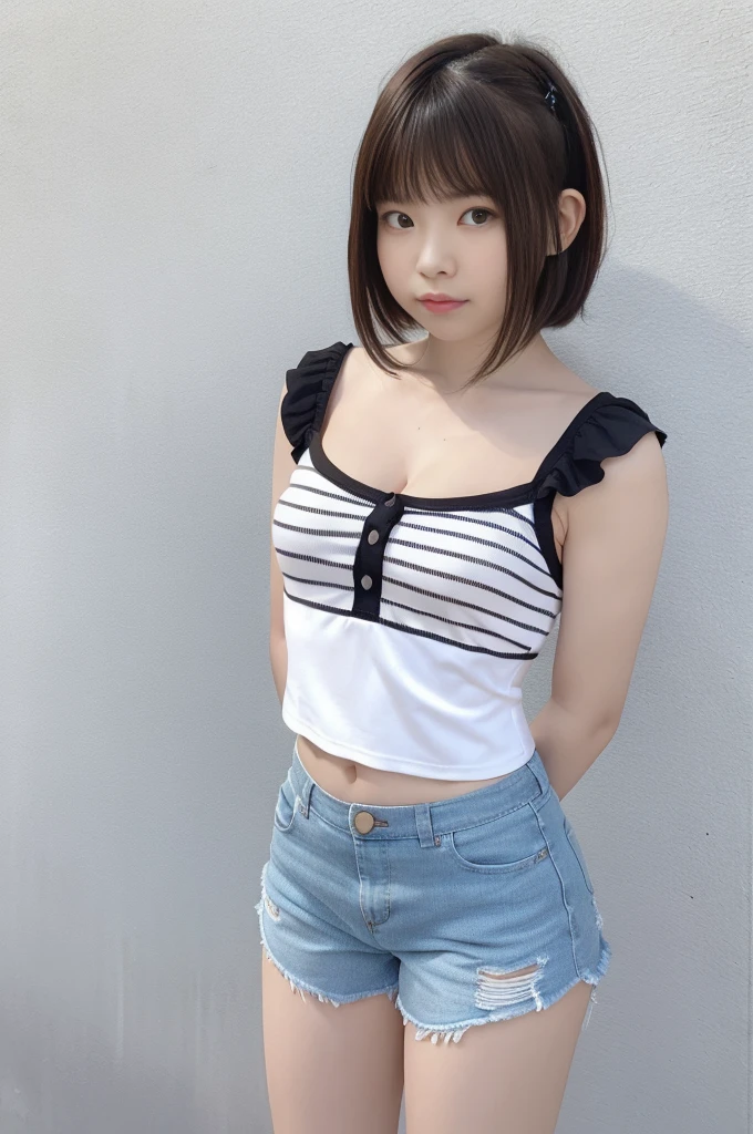 Picture taken from the front, with the left and right sides equally spaced, draw symmetrically, simple background, equally spaced left and right, stand upright, cowboy shot, (arms behind back:1.5), One girl, very short hair, (camisole, shorts)