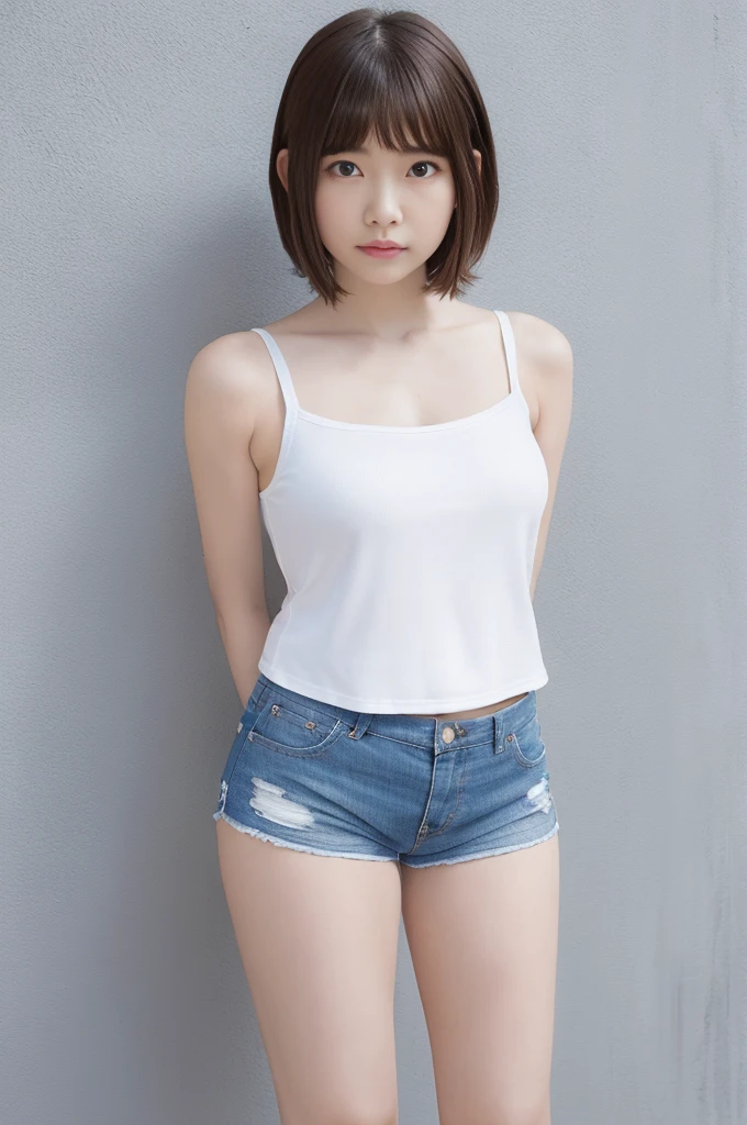 Picture taken from the front, with the left and right sides equally spaced, draw symmetrically, simple background, equally spaced left and right, stand upright, cowboy shot, (arms behind back:1.5), One girl, very short hair, (camisole, shorts)