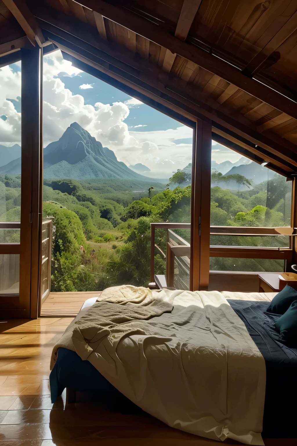 A room with large floor-to-ceiling windows,Warm interior,Windows open,Outside the window are jungles and mountains,A woman is sleeping sweetly in bed,The weather is a bit cloudy