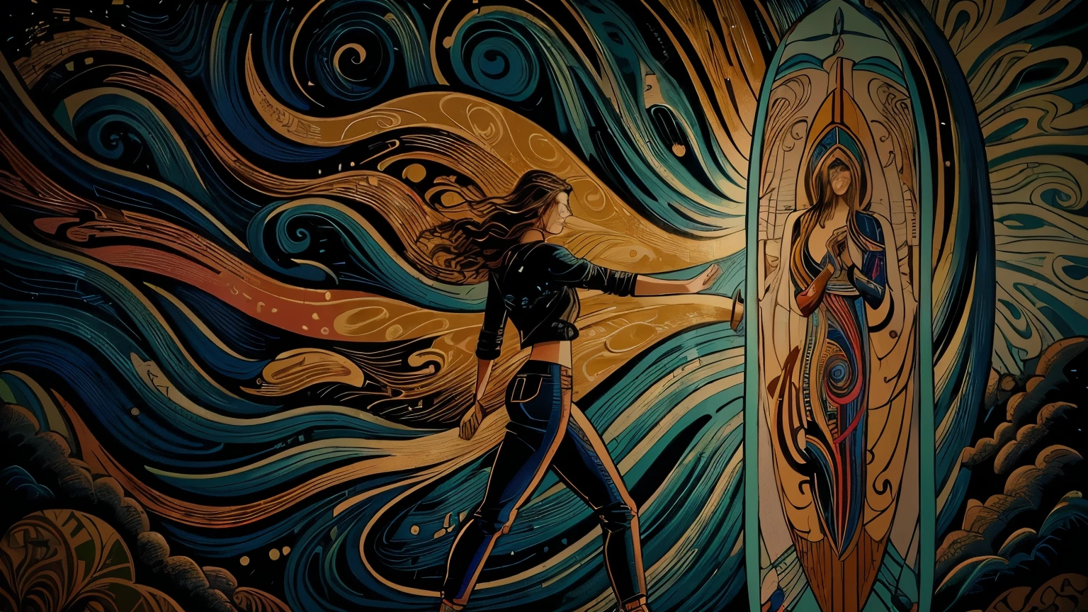 painting of a woman standing in front of a surfboard with a man standing in the background, estilo and mumford e alex gray, standing in a whirlpool, The Woman Element, coloured woodcut, in the style dan mumford artwork, walking out of flames, in the artistic style of Dan Mumford, cyril rolando and m. w kaluta 4k