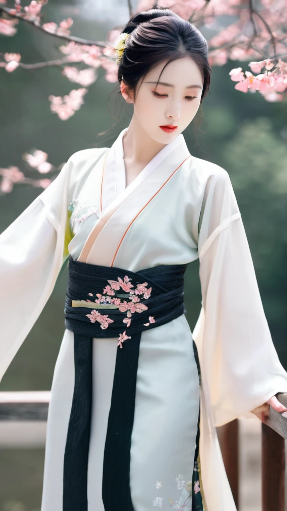 (masterpiece, best quality:1.2),1girl,Hanfu,front,Standing,whole body,Dynamic poses,Delicate face,Bright eyes,Bright Eyes,Put your hands on your chest,