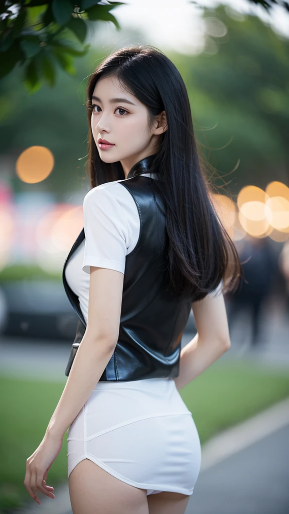 Front view of girl, solo, pretty face, long black hairstyle ,eyelashes, nose, glossy lips, (detailed eyes, fair skin, white skin: 1.5), smooth skin, intricate, graceful, highly detailed, majestic, digital photography, hyper realistic, Masterpiece, Best Quality, wearing Tight suit、Wearing a blazer(Leather pink color)、Tight short Skirt(Leather pink color)、Realistic silk texture,Slim fit , in the city, nature light, bokeh background,